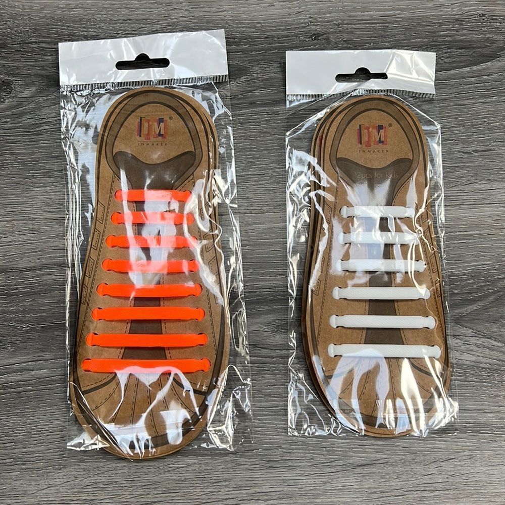 Inmaker No Tie Shoelaces, one adult pair (orange) and one kids pair (white)